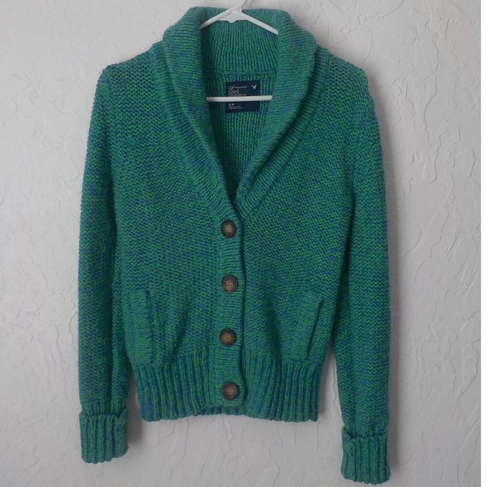 AEO American Eagle Outfitters Green Blue Wool Rabbit Hair Cardigan Sweater Small